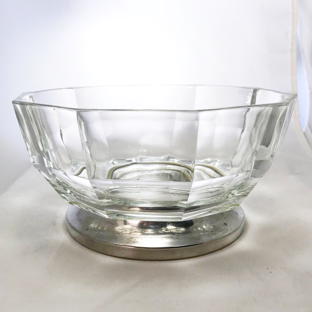 Vintage Faceted Italian Crystal Glass Decagon Shape Bowl With Silver Plate Foot